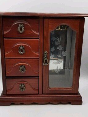 Vintage Wooden Jewelry Box Floral Door 6 Drawers Necklace Hanger 10 1/4" Armoire